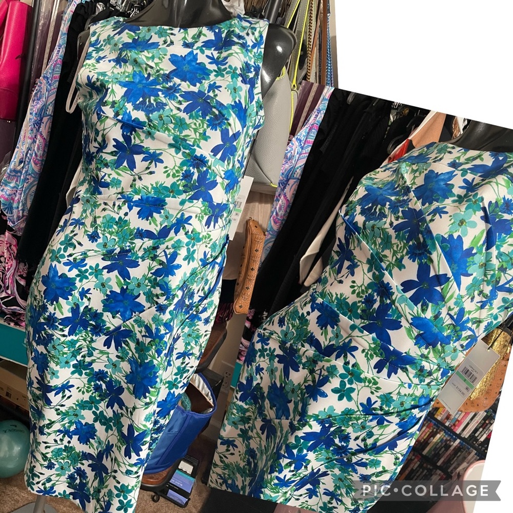Calvin Klein blue green floral midi dress.